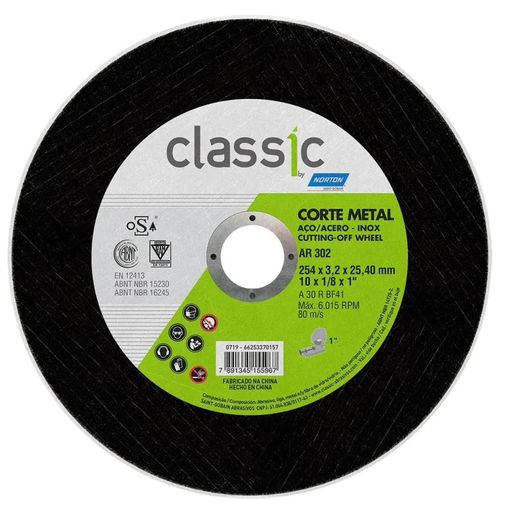 Disco de corte classic em aço inox 254X3.2 mm Norton — fotografia de referência