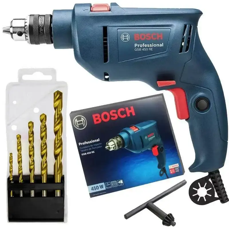 Furadeira Industrial de Impacto 3/8 POL c/ Reversão 450W GSB 450 RE BOSCH + Kit Brocas Aço Rápido 110 V — fotografia de referência
