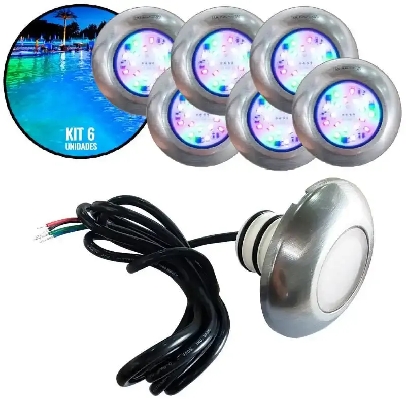 Refletor LED RGB inox para piscina em ABS kit 6 unidades 905261 Fluidra