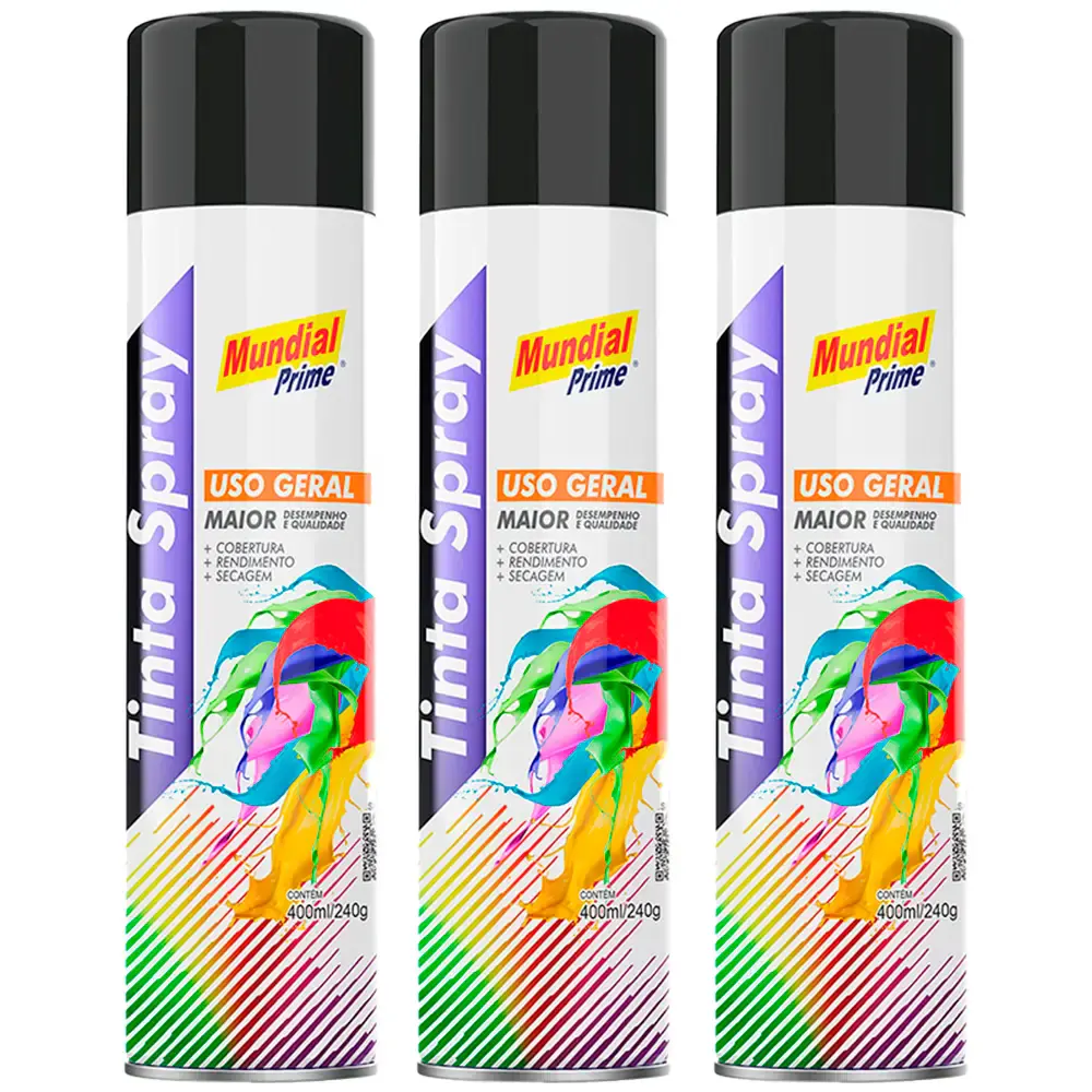 Tinta spray 400ML preto fosco com 03 uni mundial prime