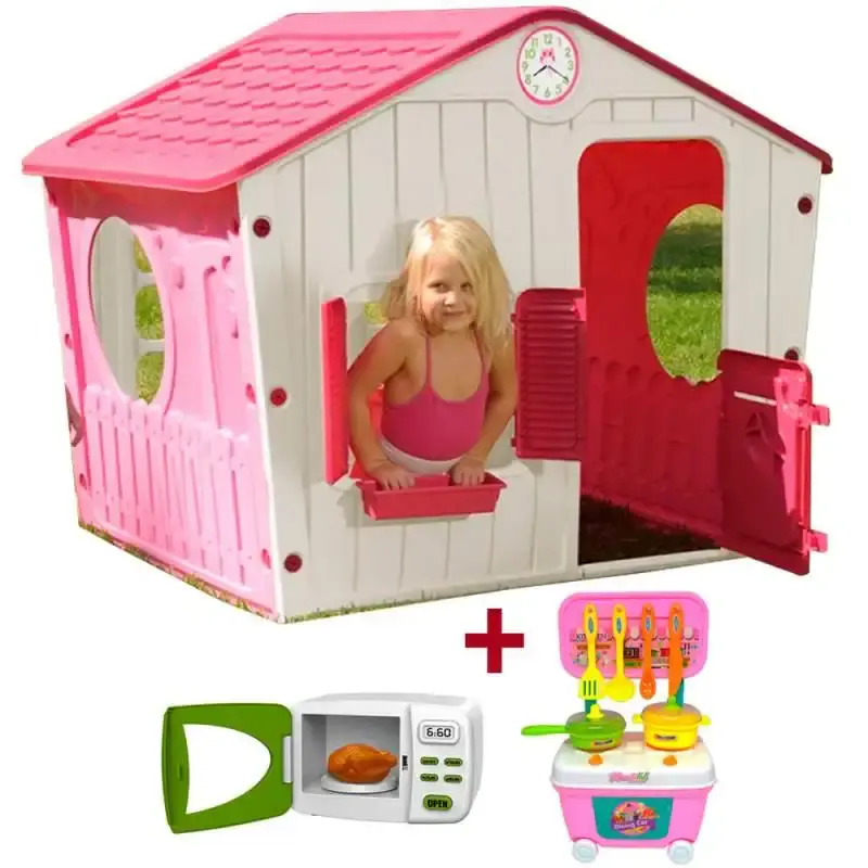 Casinha de brinquedo pink + mini micro-ondas + mini kit chef BEL