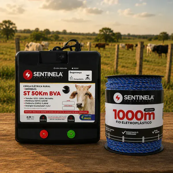 Kit eletrificador de cerca ST 50KM + 1000M de fio eletroplastico azul Sentinela
