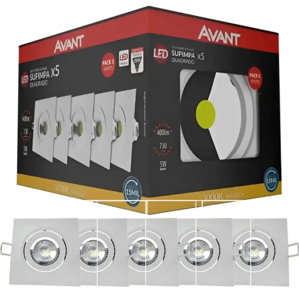 Kit 5 spots lâmpadas led quadrada 5W 3000K embutir Avant