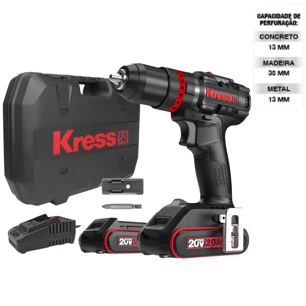 Furadeira de impacto brushless 20V 1/2 POL 75NM com 2 baterias carregador e maleta Kress