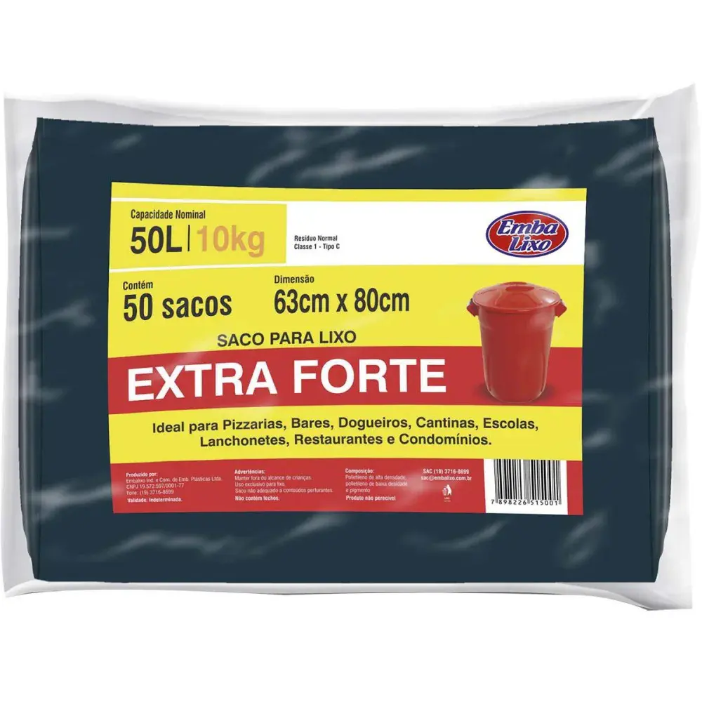 Saco de lixo extra forte rolo 50L preto 50 peç Embalixo