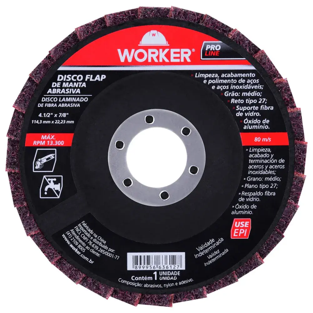 Disco flap de manta abrasiva grão 60 4.1/2/8 13300RPM Worker
