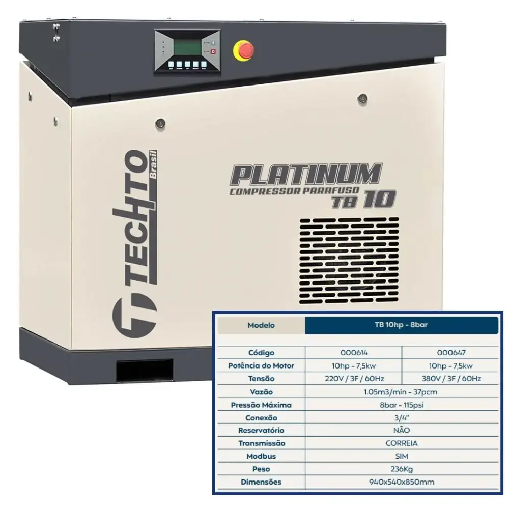 Compressor de parafuso platinum 10HP 8BAR 220V TB10 techto — fotografia 5