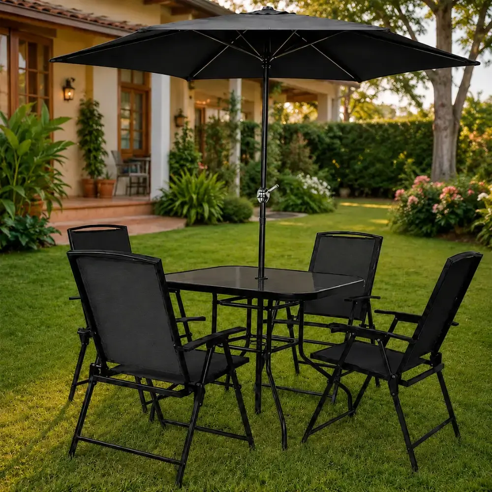 Conjunto com mesa 4 cadeiras e guarda sol 180CM riviera para jardim casa LYS — fotografia 9
