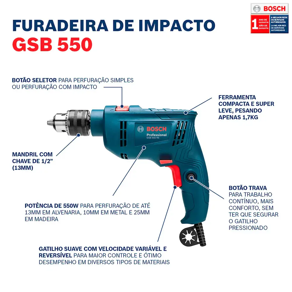 Furadeira de impacto Bosch GSB 550 550W 127V 14 acessórios 220 V — fotografia 8