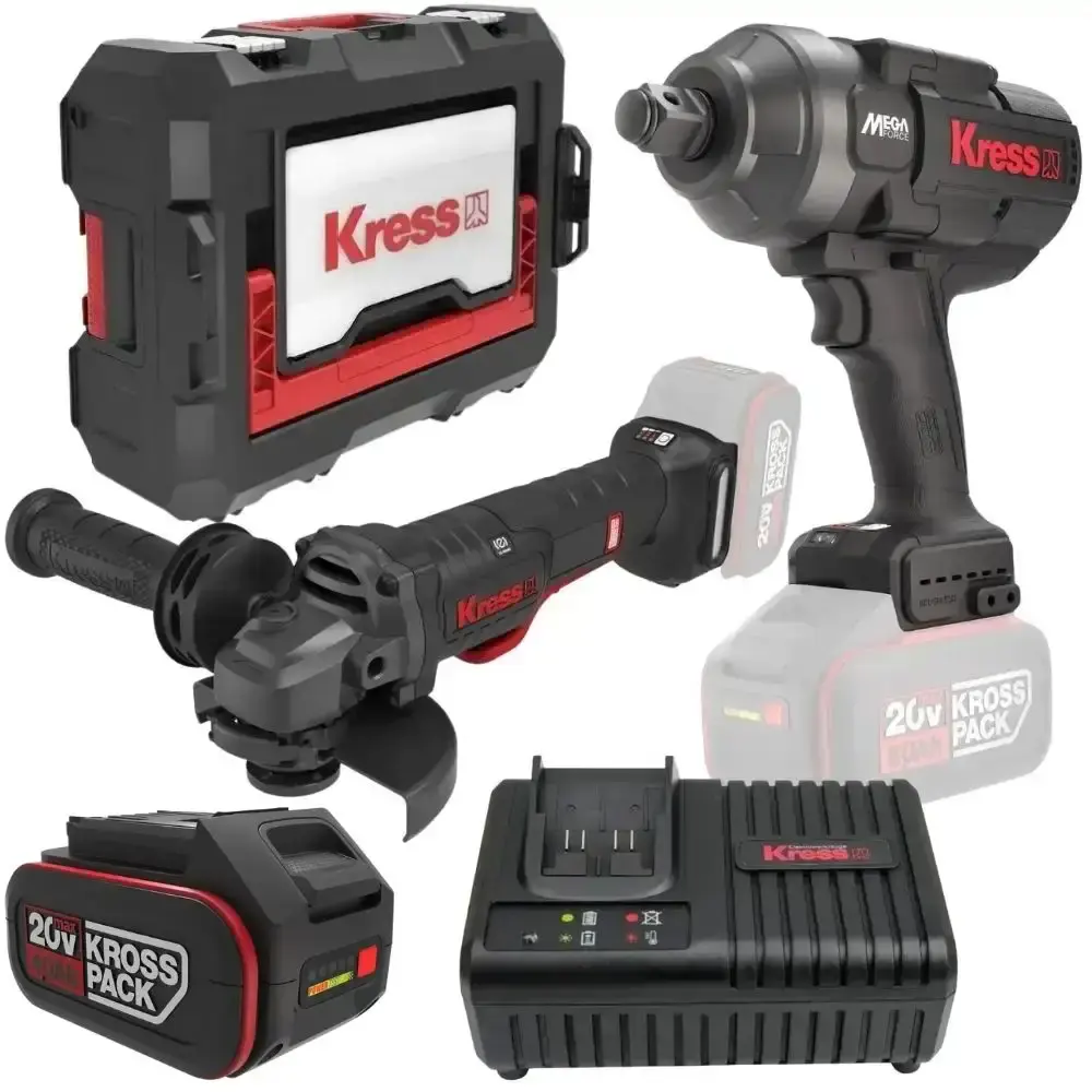 Chave de impacto 3/4 POL e esmerilhadeira angular 5 POL com carregador e bateria 20V 4.0AH Kress