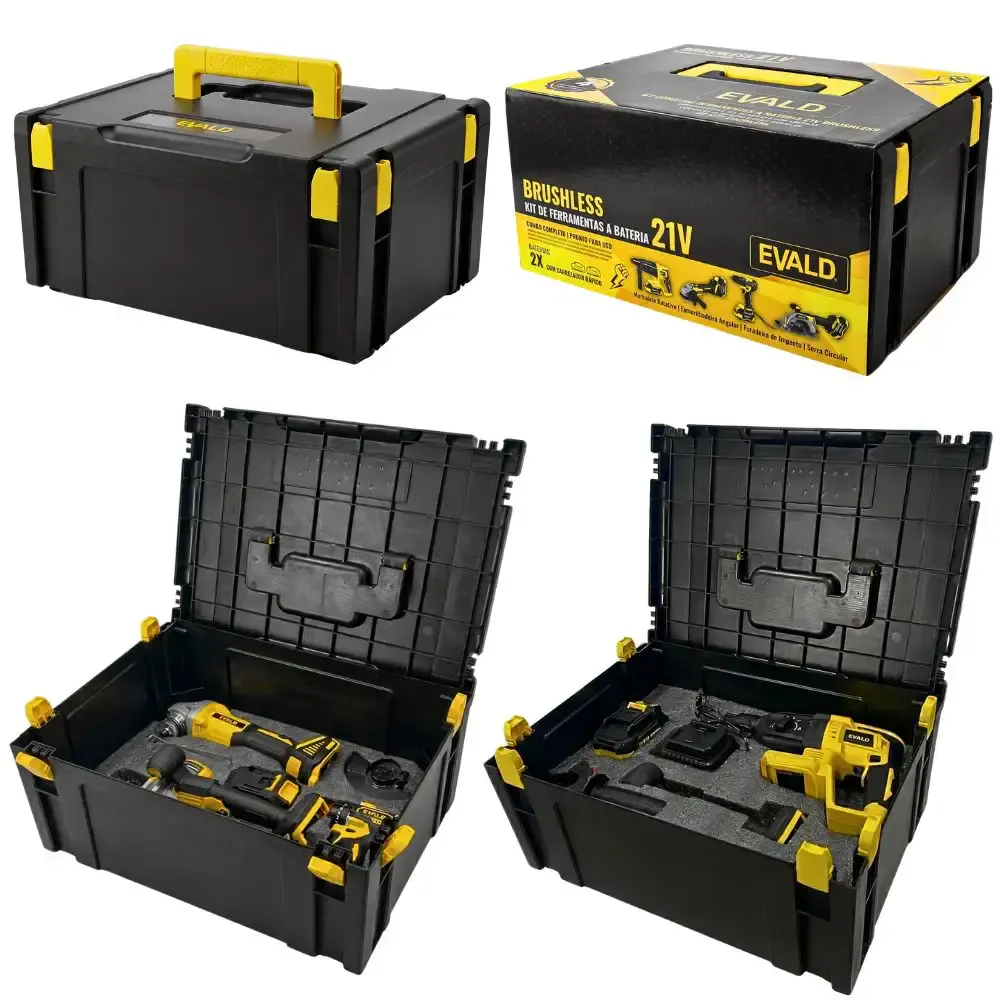 Kit Ferramentas 21V Brushless c/ Furadeira Impacto, Esmerilhadeira, Martelete e Serra Circular EVALD — fotografia 9