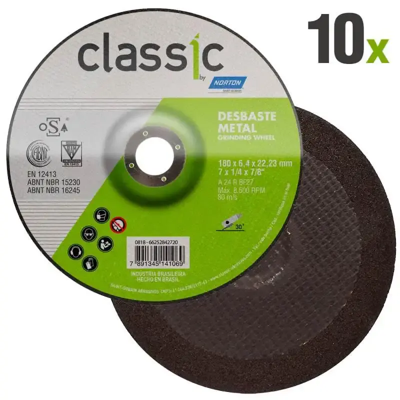 Disco de Desbaste Metal 7 POL x 6.4 MM Furo 7/8 POL Classic Kit 10 Peças NORTON — fotografia de referência