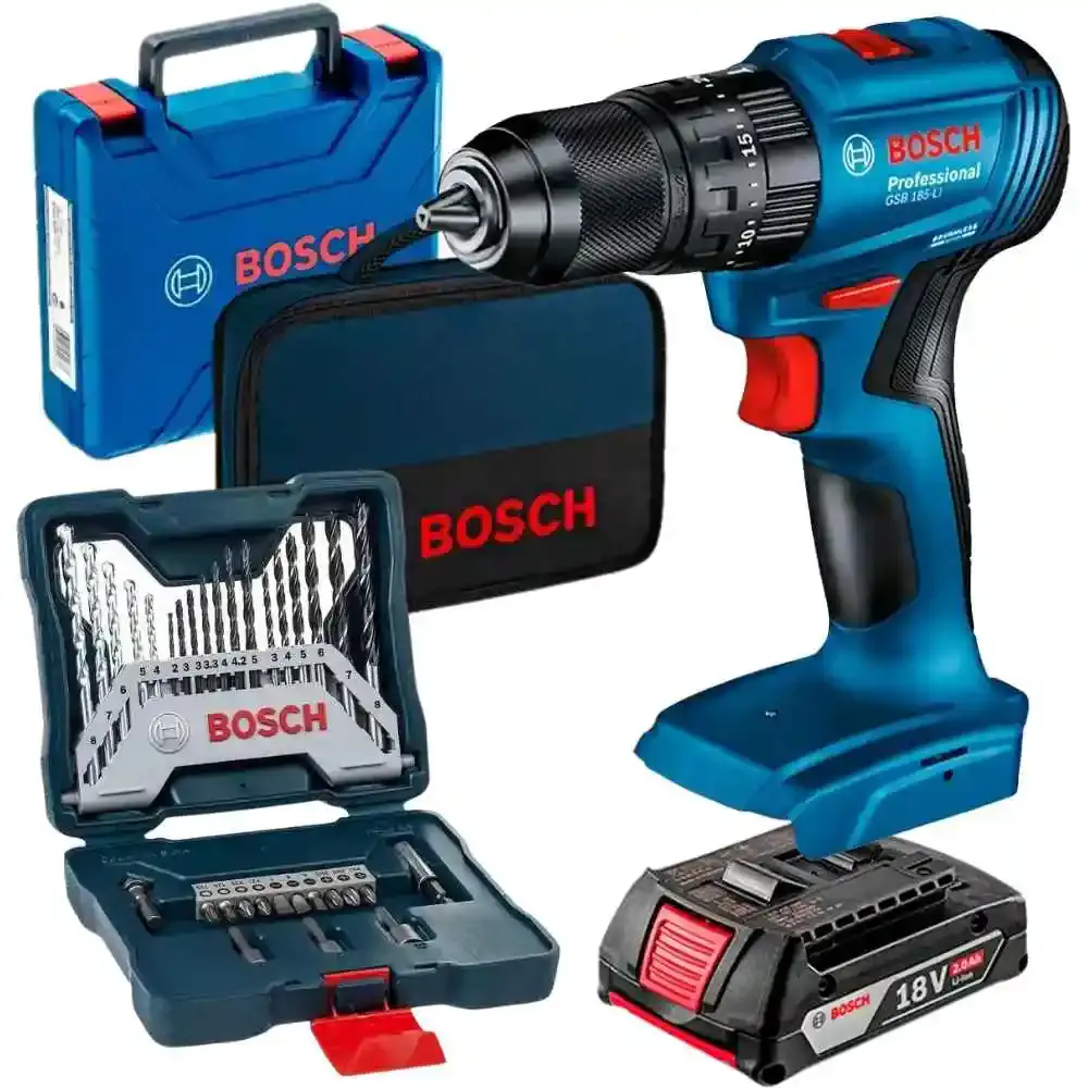 Parafusadeira de impacto a bateria 18V com maleta bateria 2.0AH bolsa e kit de pontas 33 peças Bosch Bivolt