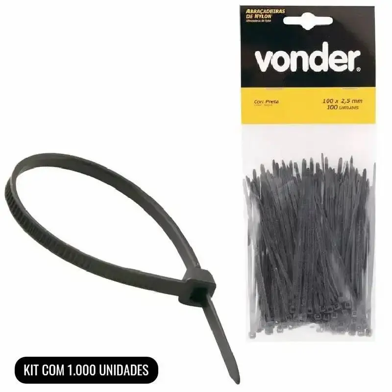 Abraçadeira de Nylon 100 x 2.5 MM Kit c/ 1.000 Unidades Preto VONDER