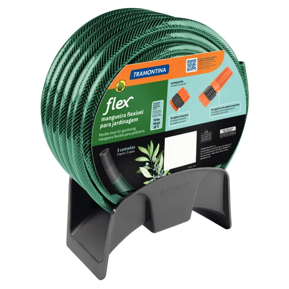 Mangueira flex em pvc 3 camadas 20M verde com suporte mural Tramontina — fotografia de referência