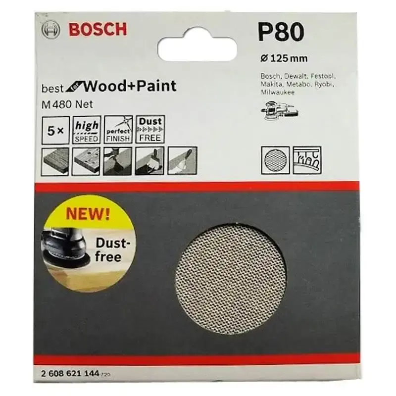 Disco de Lixa Best for Wood & Paint 5 POL M480 c/ Velcro Grana 80 com 5 Unidades P80 BOSCH — fotografia de referência