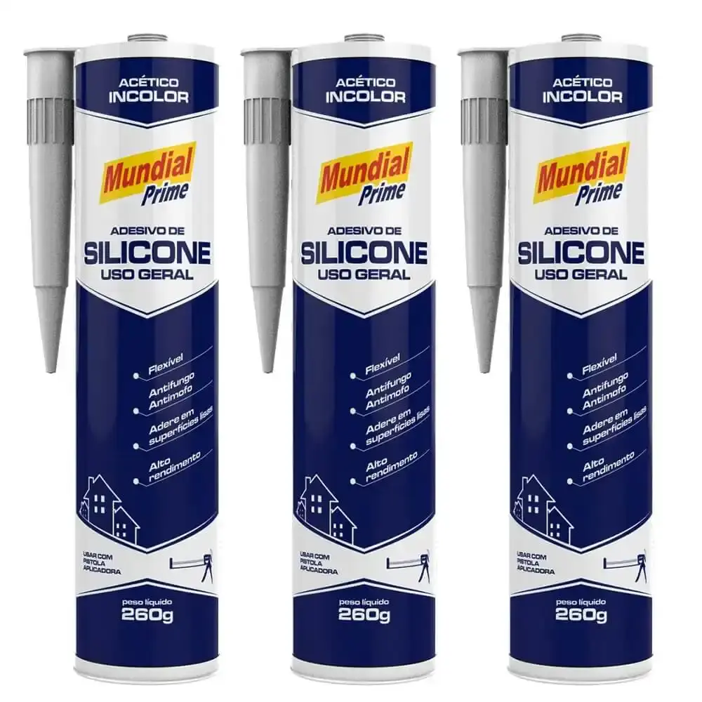 Adesivo de silicone acético incolor kit 3 unidades Mundial prime
