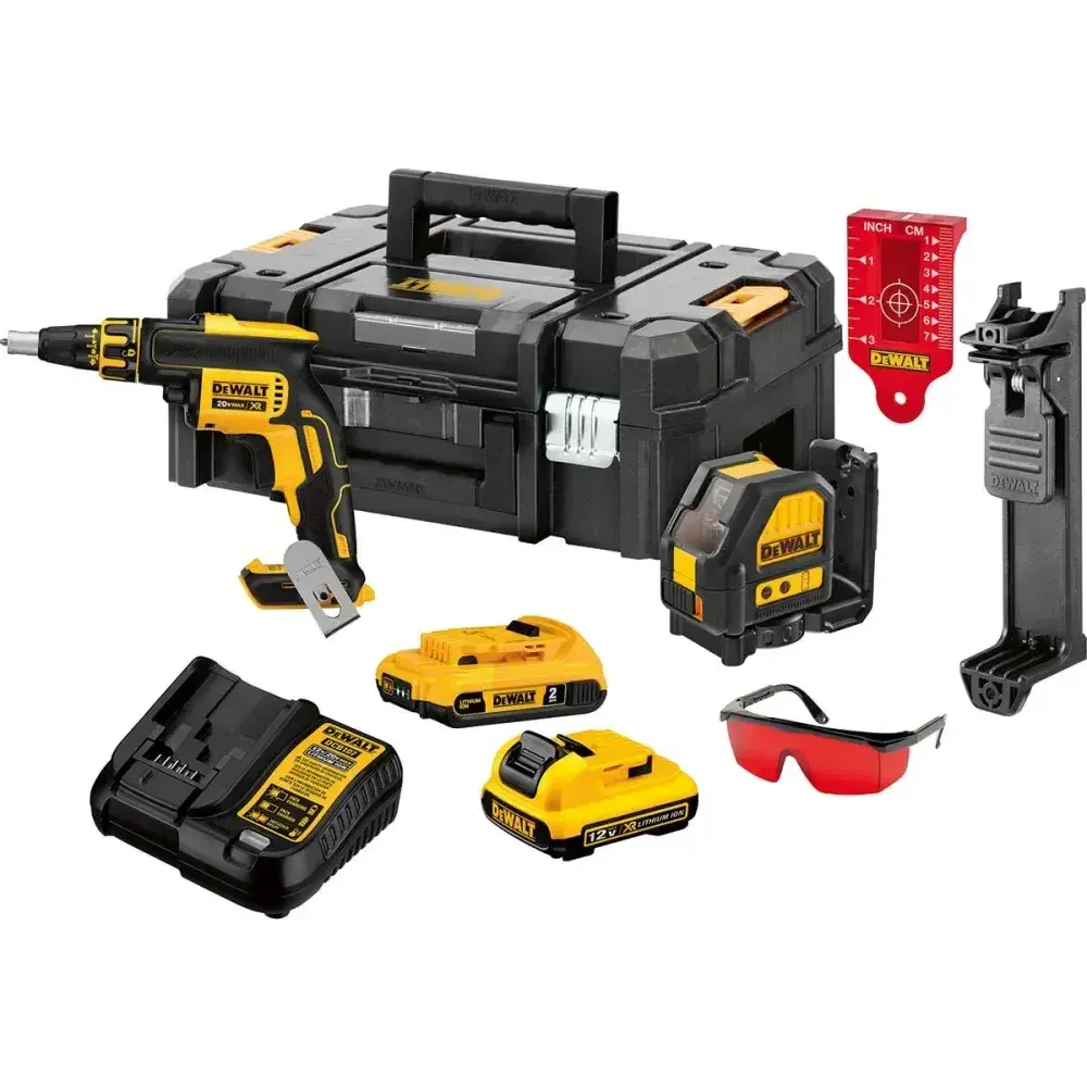 Parafusadeira drywall e nível a laser acessórios bivolt Dewalt — fotografia de referência