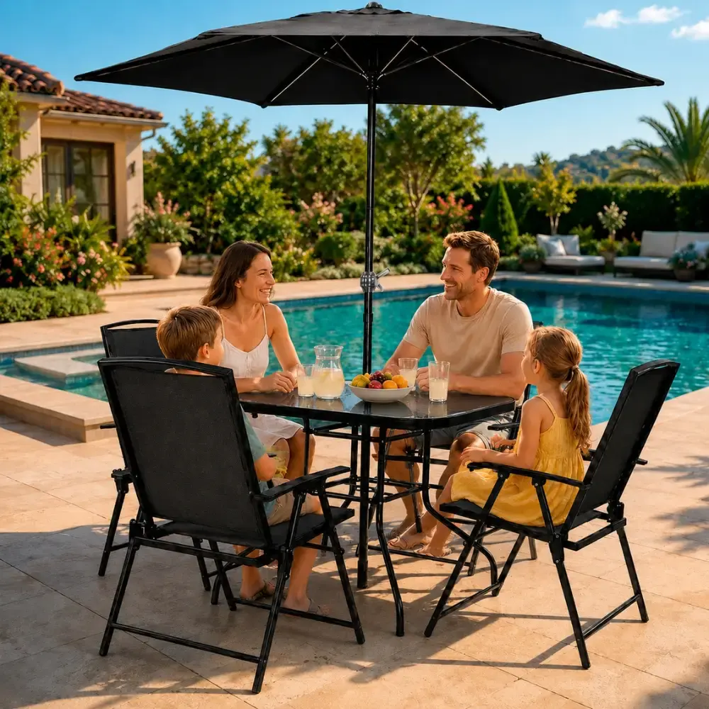 Conjunto com mesa 4 cadeiras e guarda sol 180CM riviera para jardim casa LYS — fotografia 3
