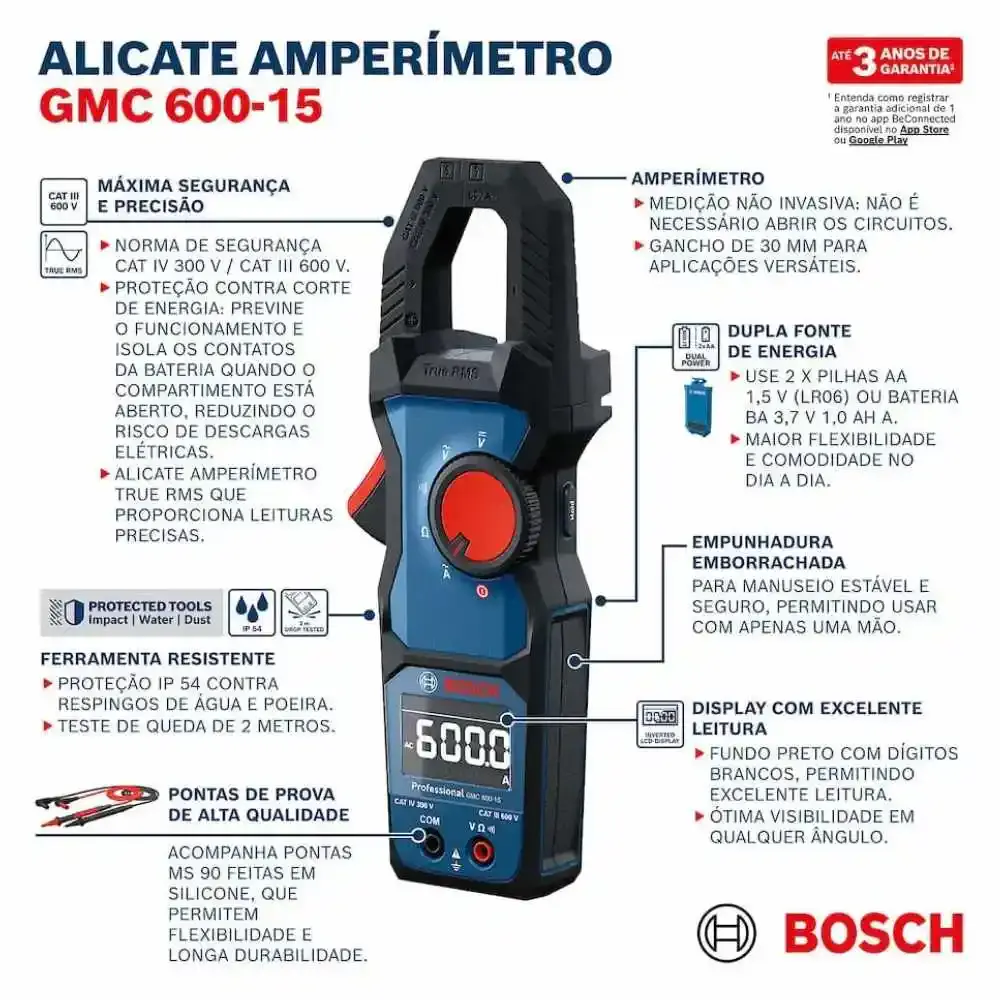 Alicate amperímetro digital 600V trms GMC 600-15 Bosch — fotografia 8