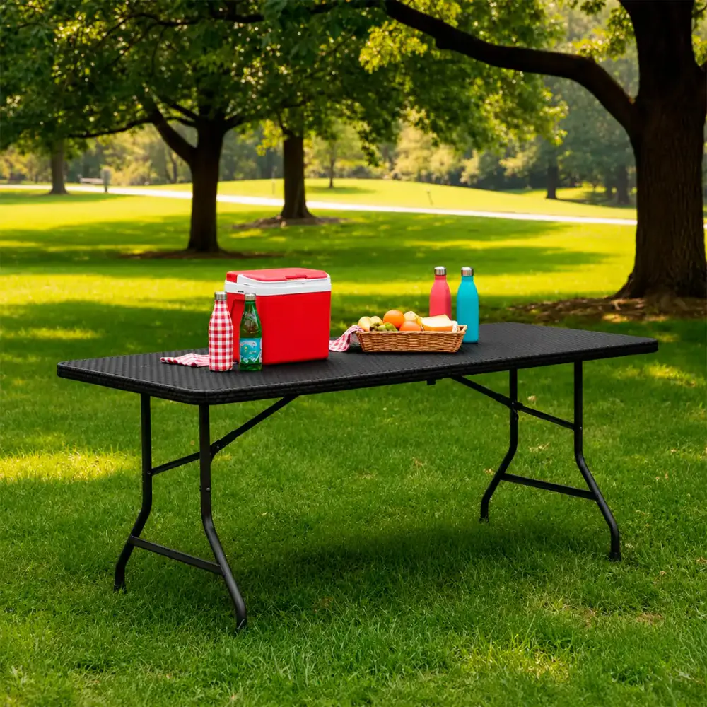 Mesa Dobrável Vira Maleta 180 x 74 CM Portátil até 150 KG Rattan ZELT — fotografia 3