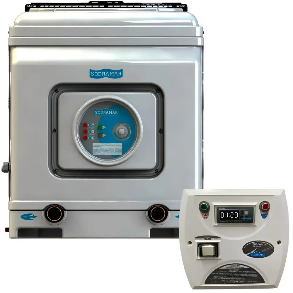 Aquecedor Trocador Calor SD-80 Titânio 220V Trifásico e Comando Digital Piscinas até 62.000L SODRAMAR — fotografia de referência