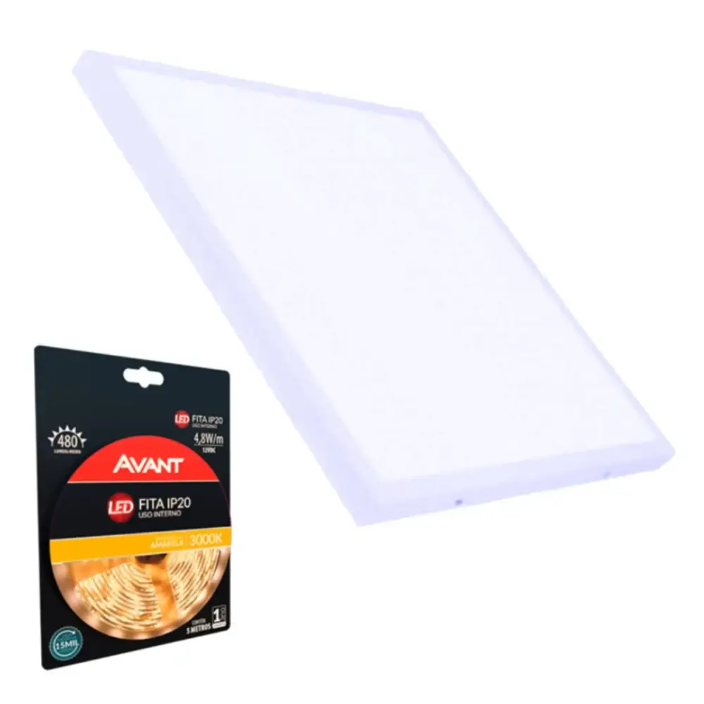 Kit painel plafon sobrepor 6500K + fita led 5 metros Avant