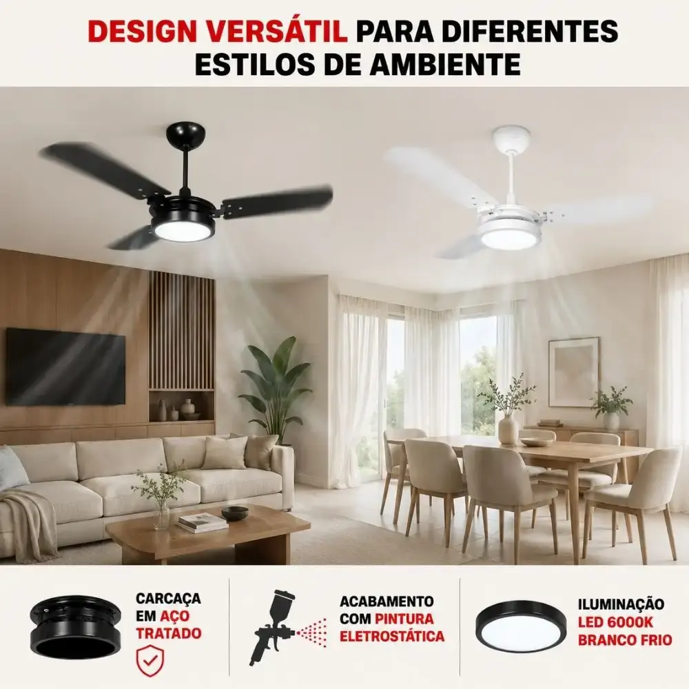 Ventilador de teto ventus 3 pás com LED 6K casa LYS Branco 220 V — fotografia 4