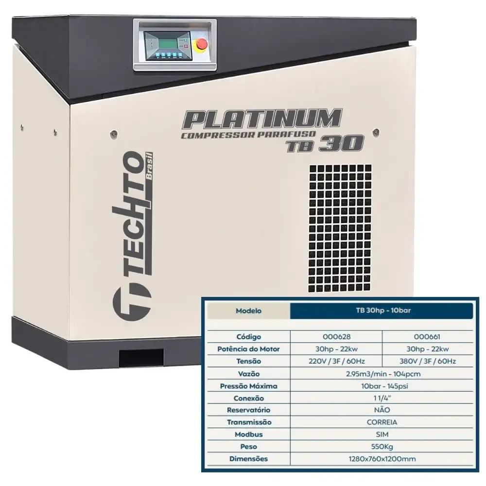 Compressor de parafuso platinum 30HP 10BAR 220V TB30 techto — fotografia 5