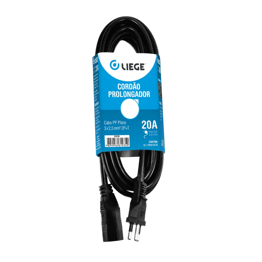Cabo prolongador pp 1,5M 2X2,50 preto 20A Liege