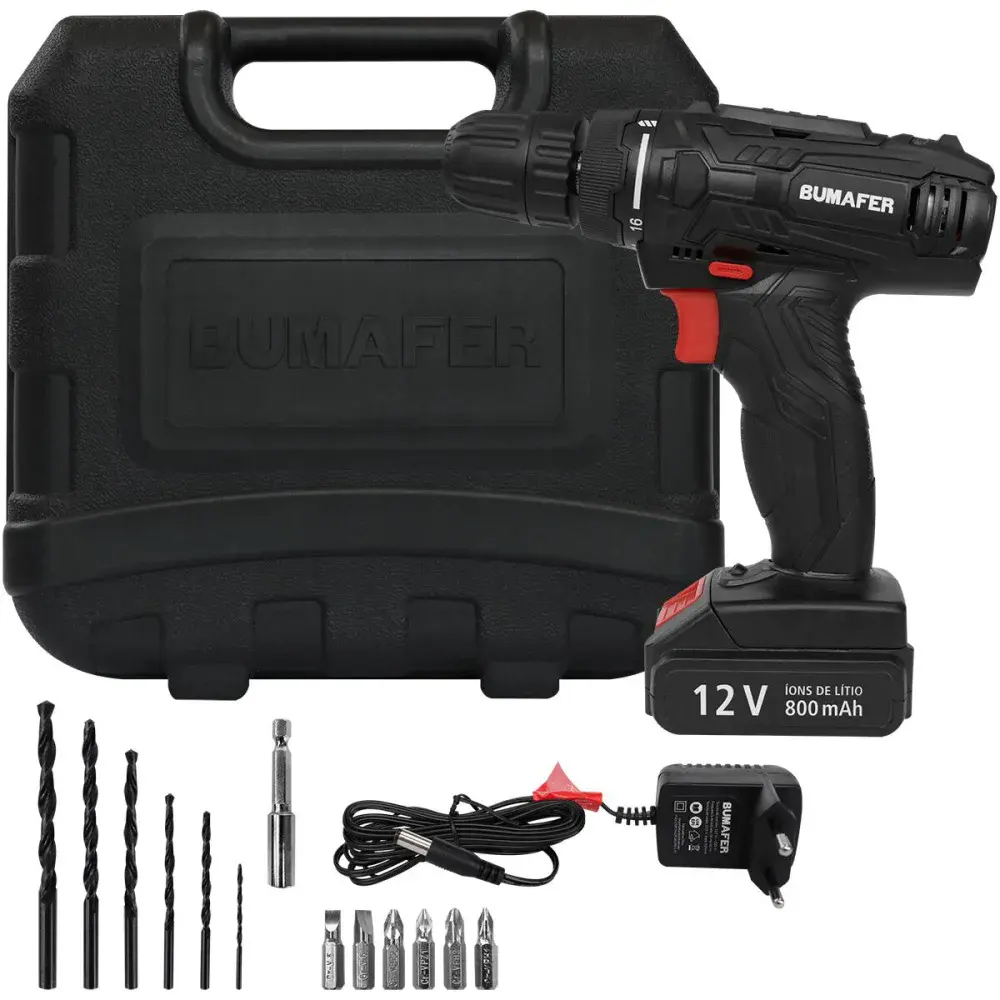 Furadeira/parafusadeira à bateria 18 peç bivolt Bumafer