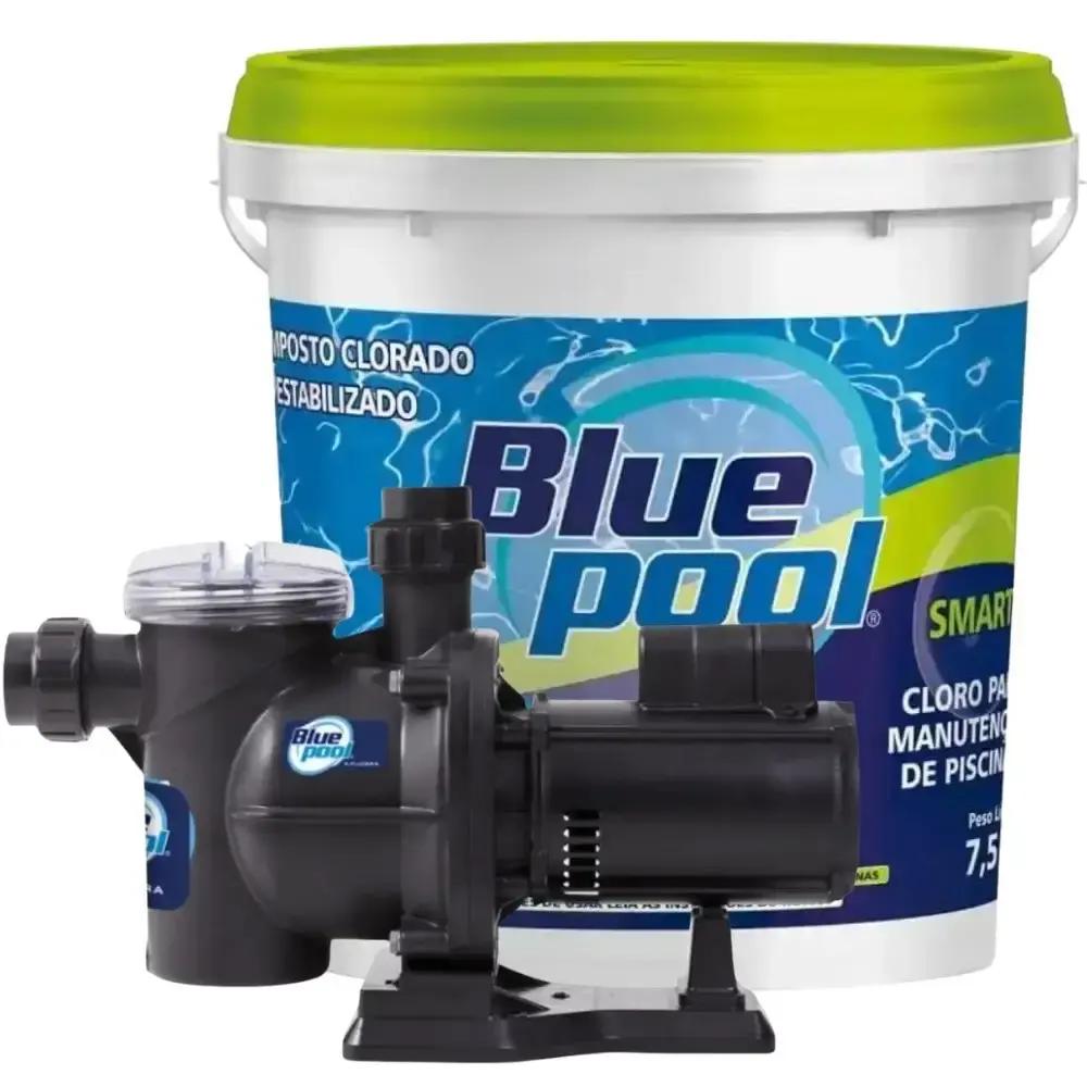 Bomba para piscina 1 CV 75.000 litros com balde de cloro 7,5 KG Bluepool