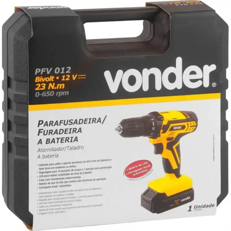 Parafusadeira e furadeira à bateria 12V PFV012 bivolt com maleta, kit brocas e bits Vonder — fotografia 4