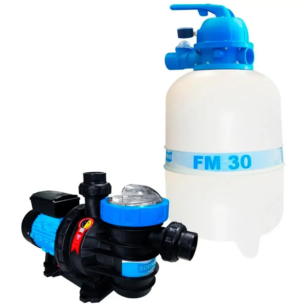 Kit filtro FM30 e bomba 1/4CV piscina 28 mil litros Sodramar — fotografia de referência
