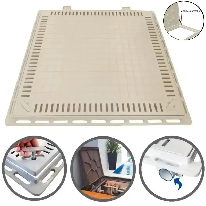Tampão 80 x 80 CM Articulado com Grelha para Casa de Máquinas de Piscinas 3172 Bege Amortecedor GDA