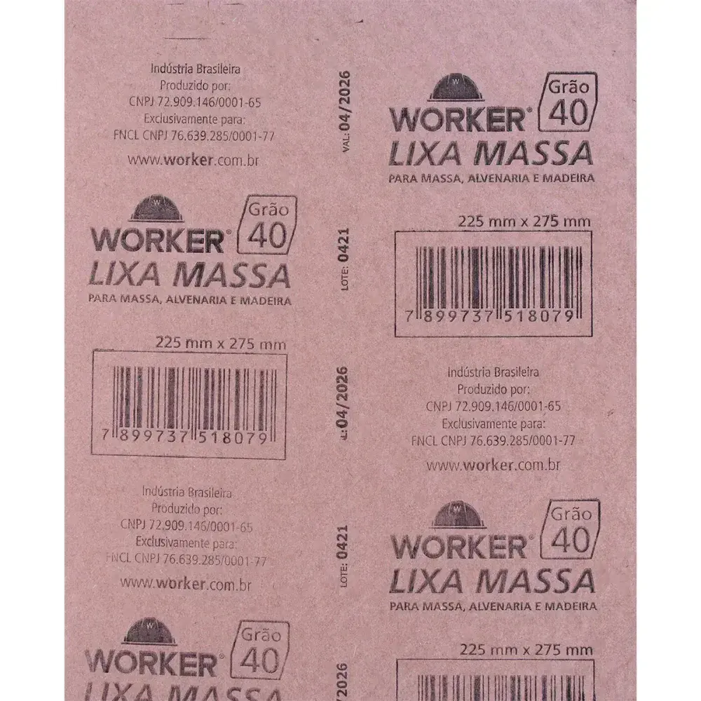 Lixa para massa, alvenaria e madeira GR40 225X275MM Worker — fotografia 6
