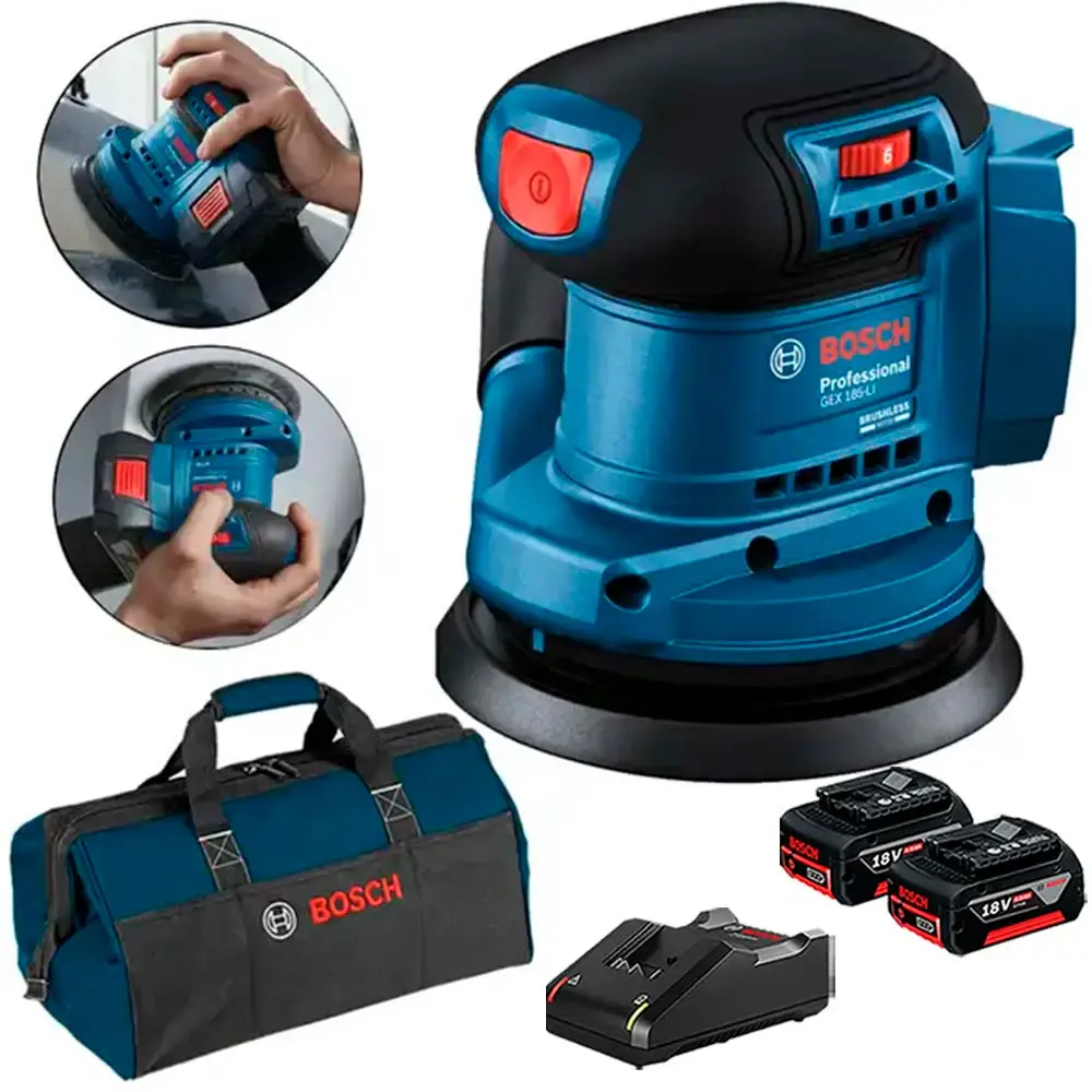 Lixadeira roto orbital à bateria 18V GEX 185-LI com 2 baterias 4,0AH, carregador bivolt e bolsa Bosch