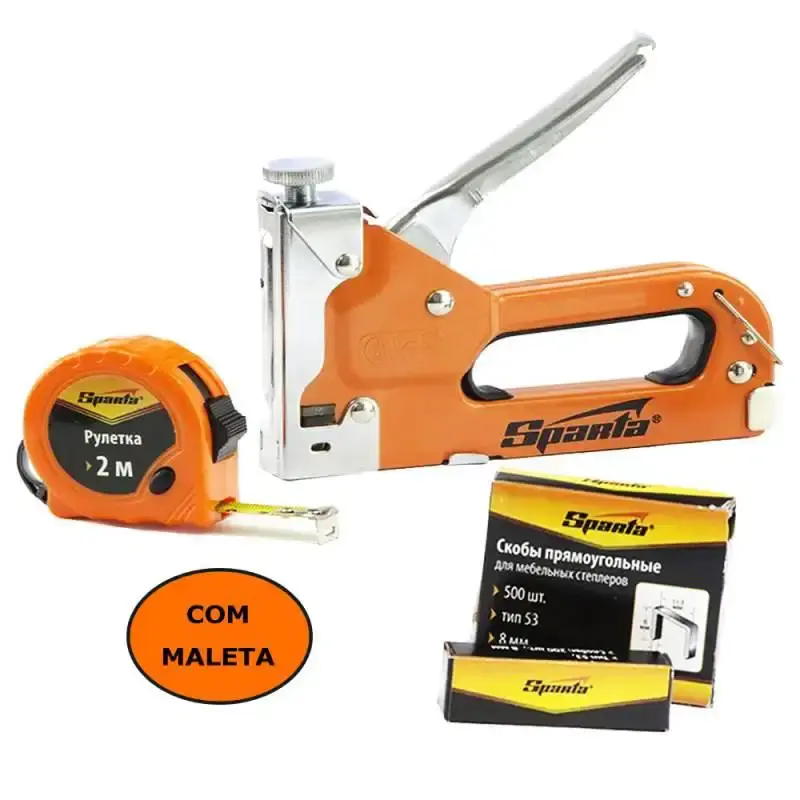 Grampeador tapeceiro manual kit 500 grampos, trena 2 metros e maleta Sparta