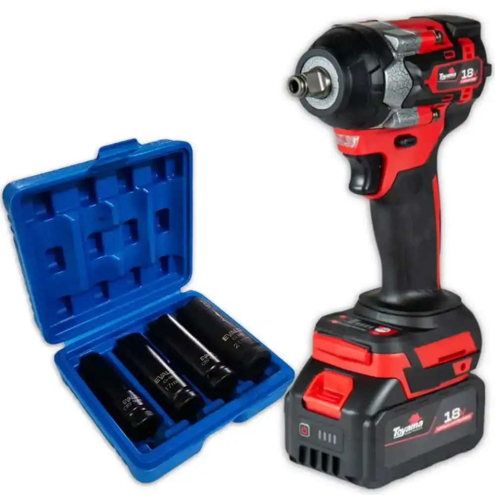 Chave de impacto 18V TBT18IW350-K4 com bateria Toyama kit soquetes 4 pçs 14-21MM EVSLI-4 evald