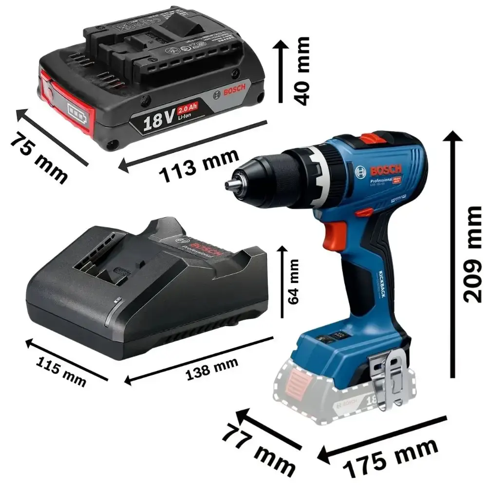 Parafusadeira de impacto 65NM com 2 baterias 18V 2,0AH carregador e kit brocas 30 peças Bosch — fotografia 7