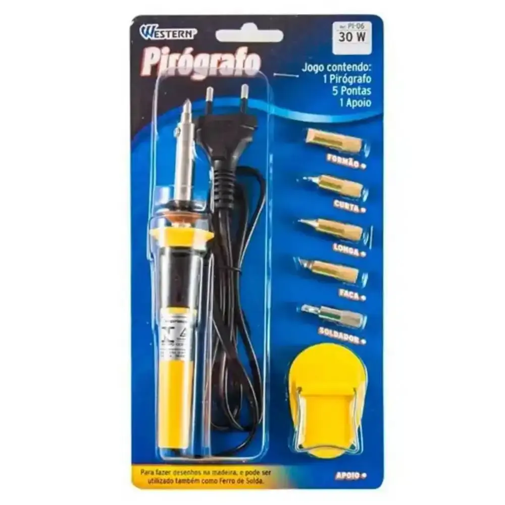 Pirógrafo e ferro de solda 30W gravação em madeira kit com 5 pontas PI-06 Western 110 V — fotografia 9