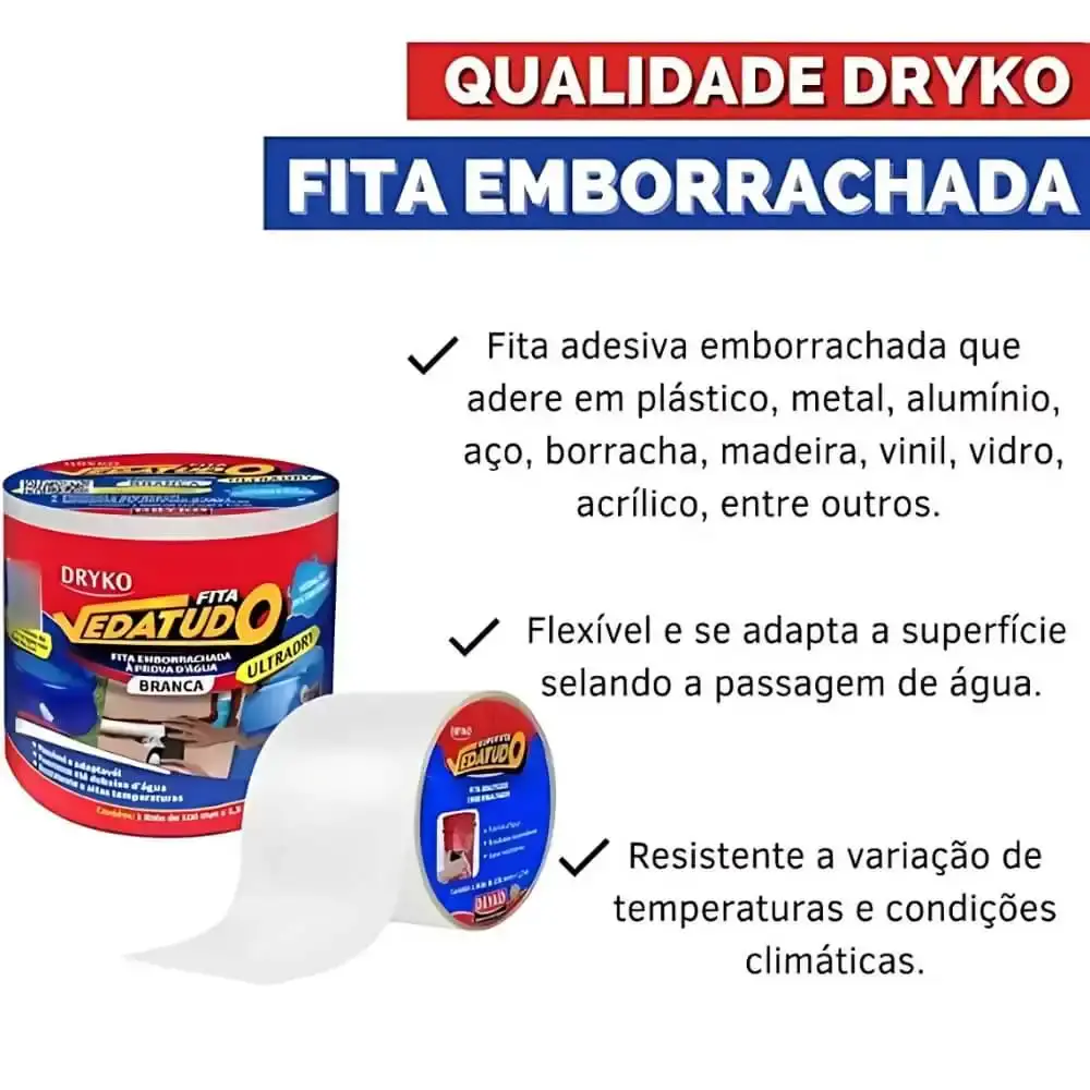 Fita Adesiva Emborrachada VEDATUDO 10CM x 1,5M Branca ULTRADRYBCO-CX DRYKO — fotografia 6