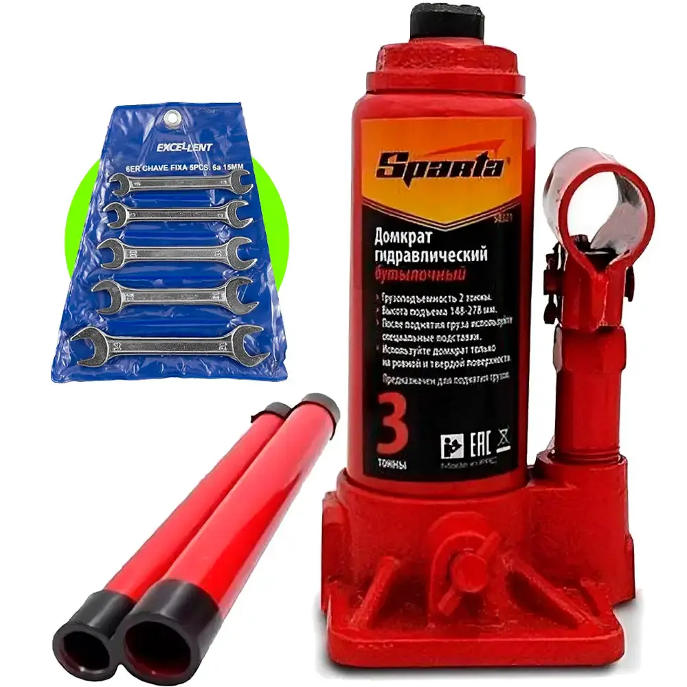 Kit macaco hidráulico 3 TON tipo garrafa Sparta + jogo de chaves fixa de 6 à 15 MM kit com 5 peças 6