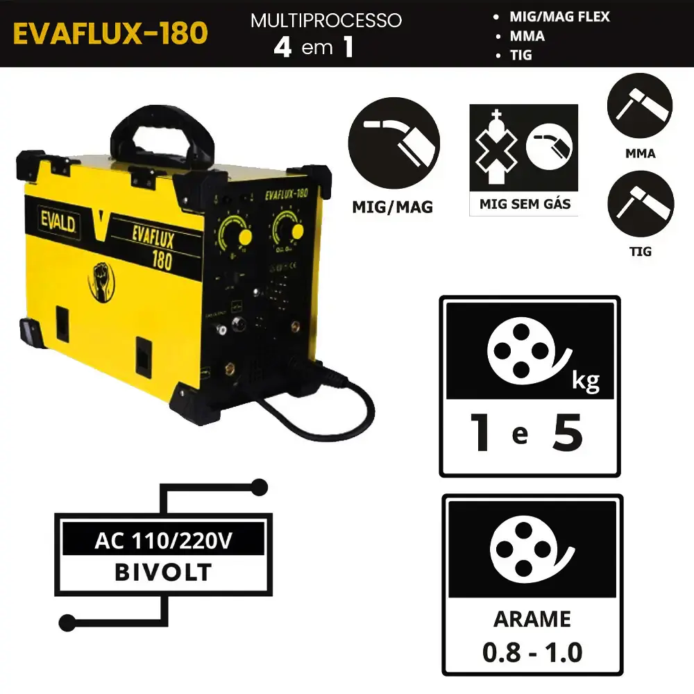Solda multiprocesso MIG flex TIG e eletrodo com máscara EVAFLUX-180 bivolt Evald — fotografia 3
