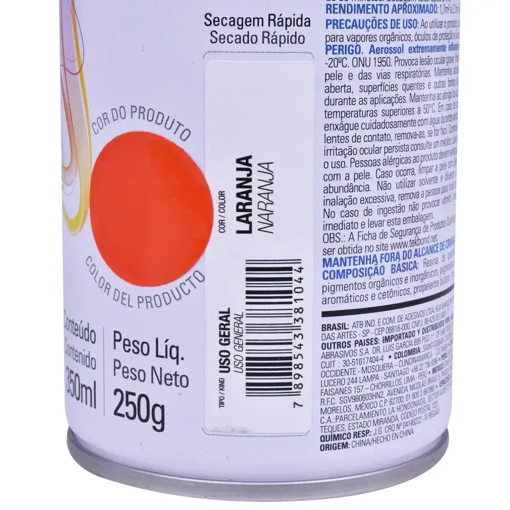 Tinta spray uso geral laranja 350ML Tekbond — fotografia 9