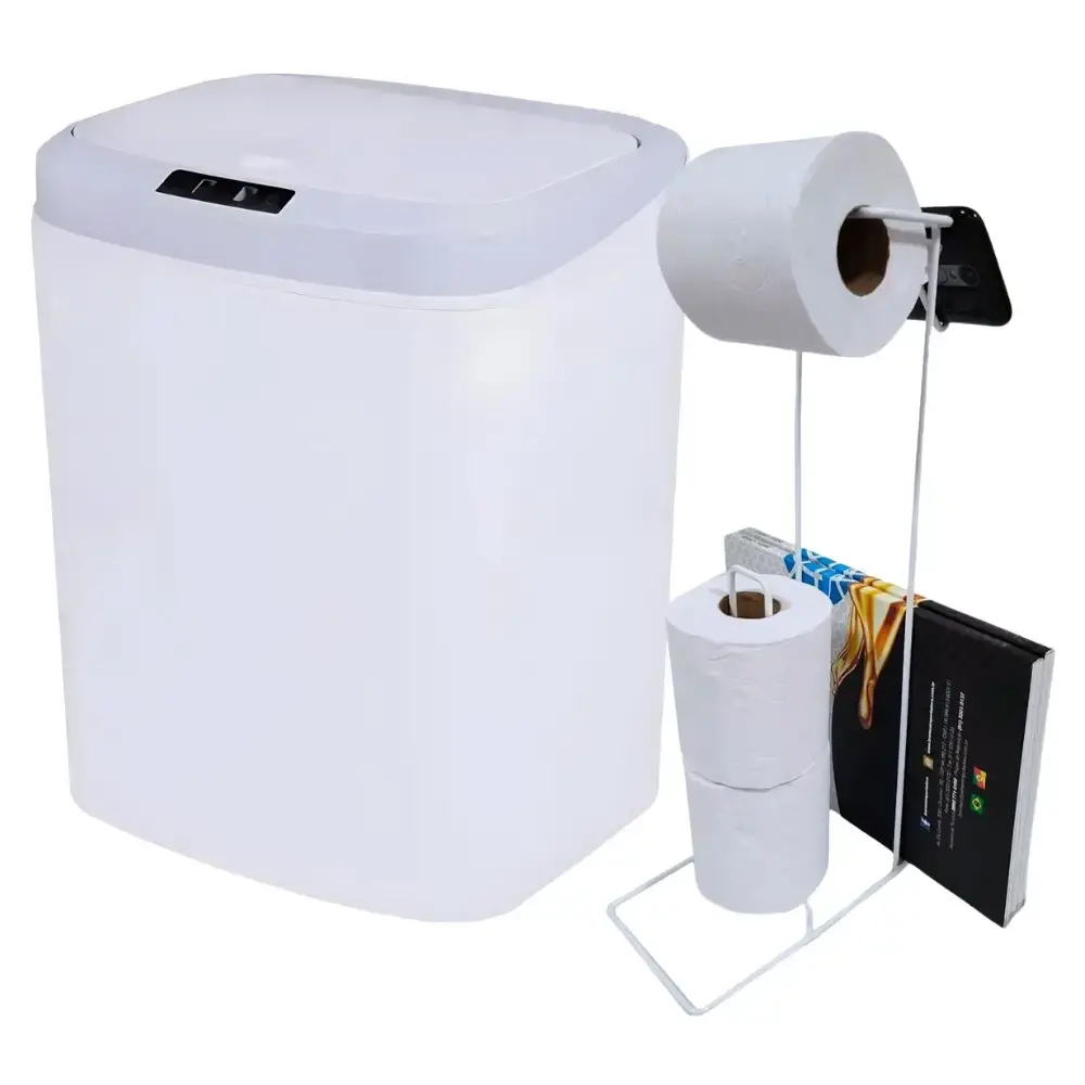 Lixeira automática branca 16 litros USB Kala com suporte para papel higiênico 3 rolos branco evald — fotografia de referência