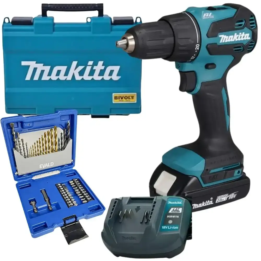 Parafusadeira de impacto 65NM com 2 baterias carregador makita e estojo de pontas 41 peças Evald