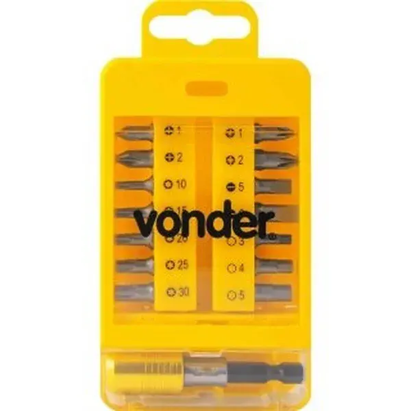 Jogo de bits/ponteiras 15 pçs encaixe sextavado 1/4" C/engate rápido - Vonder — fotografia de referência
