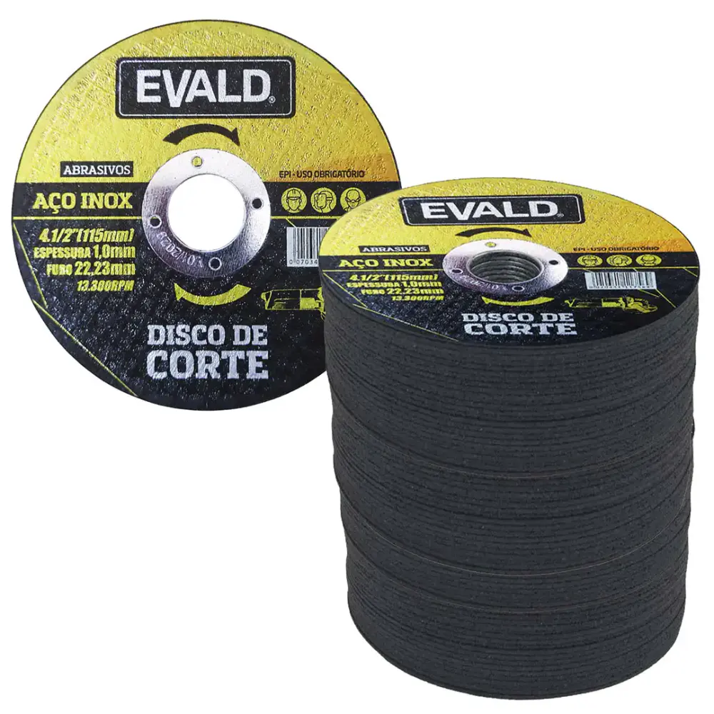 Disco de corte 4.1/2 POL 115 MM aço inox kit 100 unidades Evald — fotografia de referência