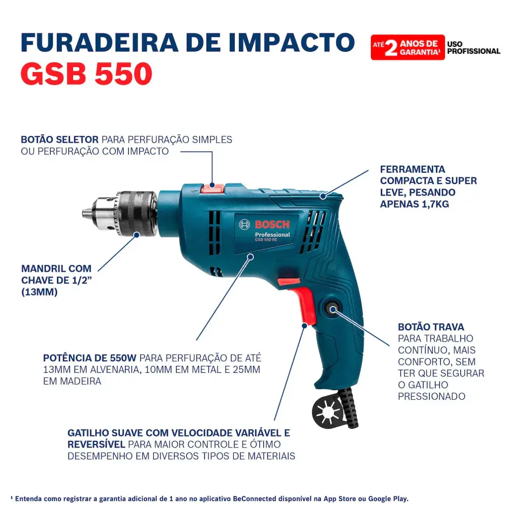 Furadeira de impacto gsb 550 1/2” 3100RPM 550W 127V Bosch — fotografia 8